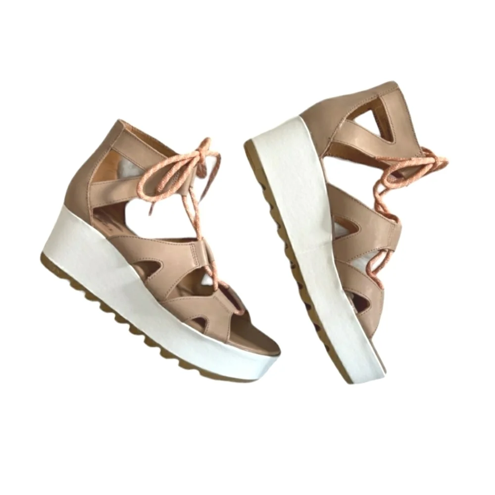 Sorel Cameron Flatform Lace Wedge Sandal Honest Beige Gum NEW